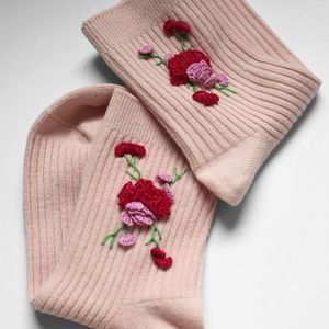 Pink flowers adult embroidered handmade socks